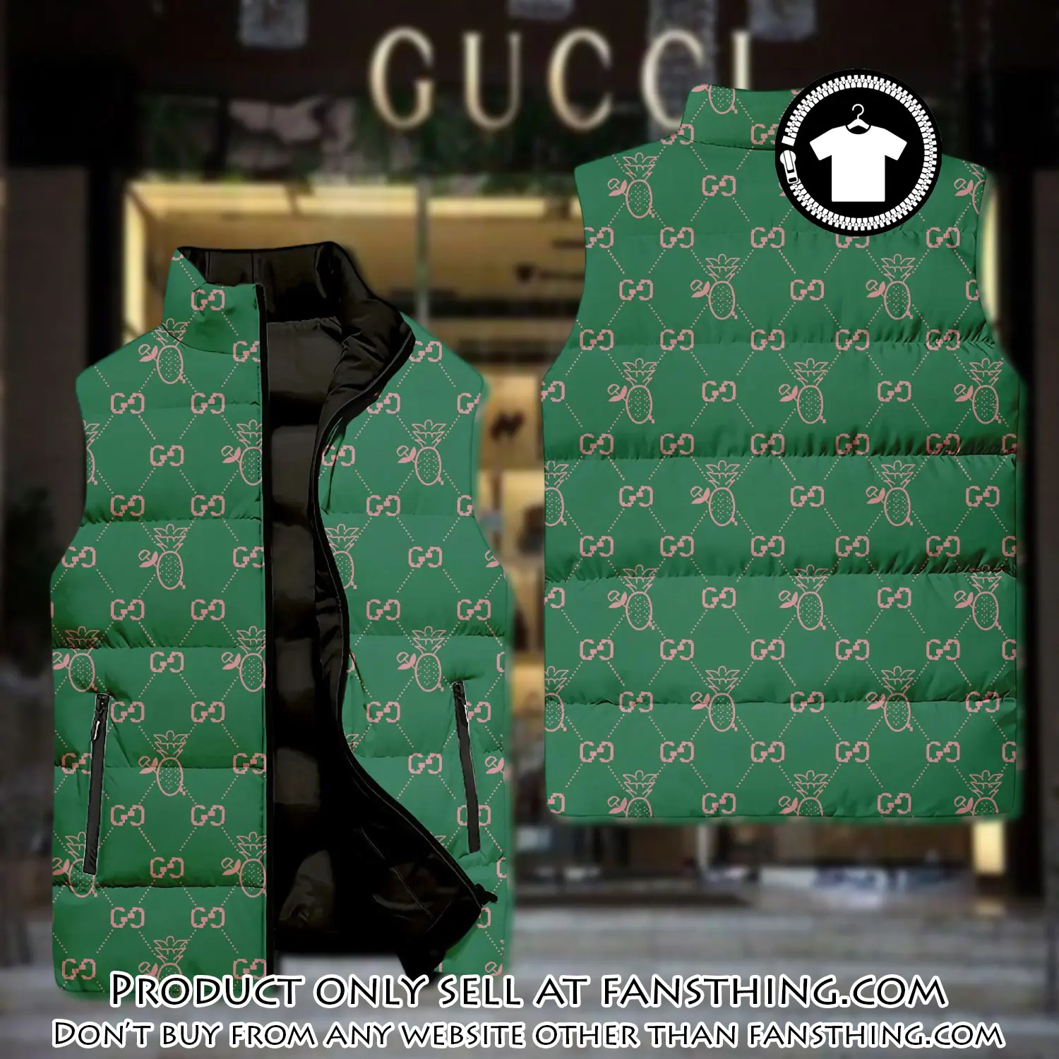 Gucci green pattern luxury brand 3d sleeveless down jacket fst0506870